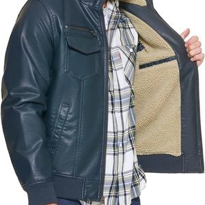 Levi's Men's Faux Leather Sherpa Aviator Bomber Jacket color Navy
